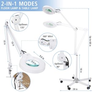 Magnifying Floor lamp with 5 Wheels Rolling Base for Estheticians - 1,500 Lumens LED Dimmable Light with Magnifying Glass, 8-Diopter Lighted Magnifier for Reading, Crafts, Sewing, Close Work(5X)