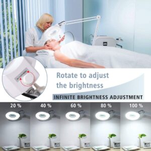 Magnifying Floor lamp with 5 Wheels Rolling Base for Estheticians - 1,500 Lumens LED Dimmable Light with Magnifying Glass, 8-Diopter Lighted Magnifier for Reading, Crafts, Sewing, Close Work(5X)