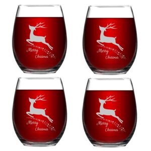 waipfaru set of 4 merry christmas wine glasses with white christmas deer stemless glasses xmas festival decoration christmas holiday festival gifts for family friends(white deer, 15 oz)