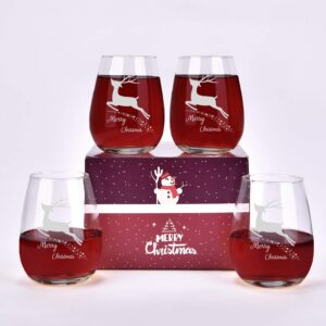 Waipfaru Set of 4 Merry Christmas Wine Glasses with White Christmas Deer Stemless Glasses Xmas Festival Decoration Christmas Holiday Festival Gifts for Family Friends(White Deer, 15 Oz)