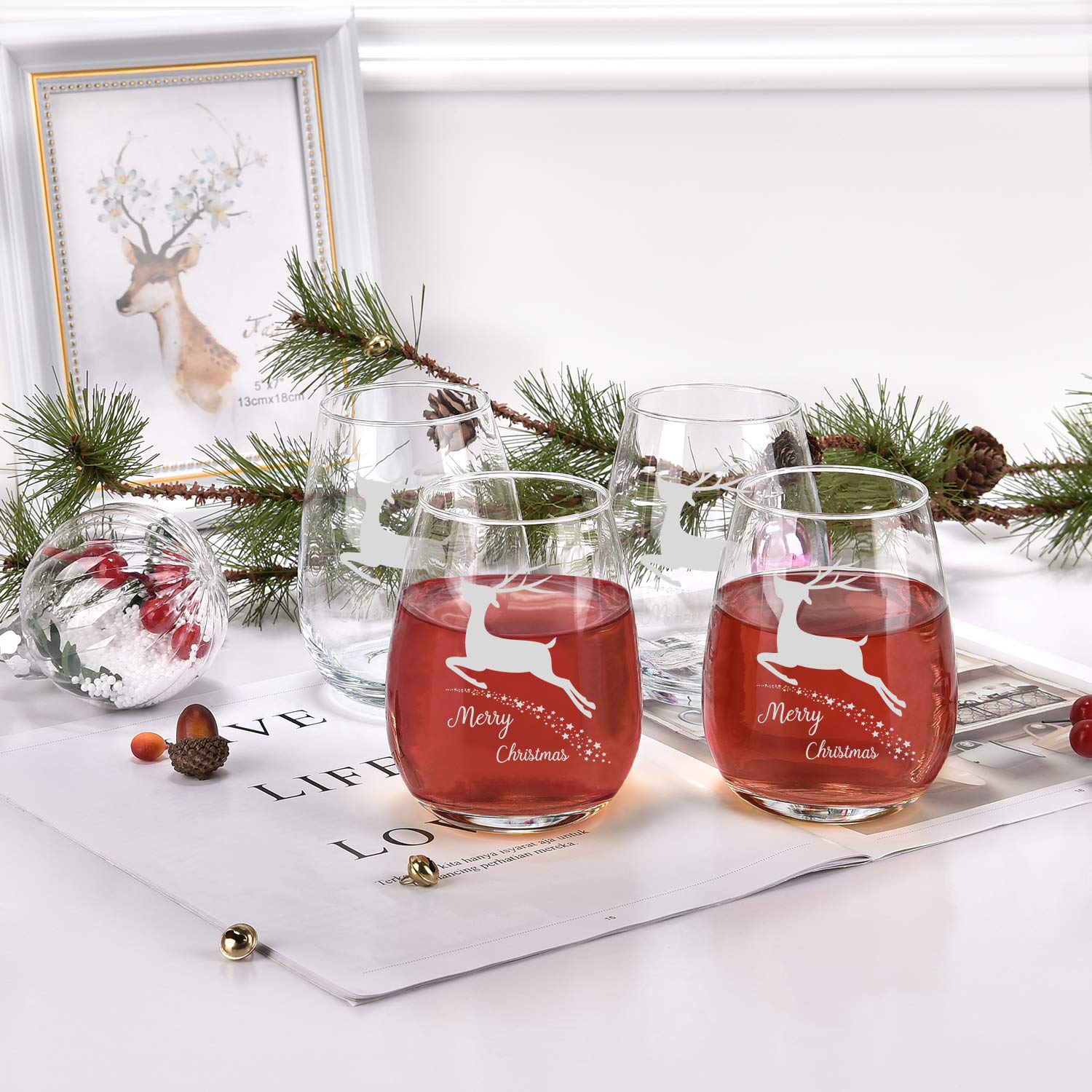 Waipfaru Set of 4 Merry Christmas Wine Glasses with White Christmas Deer Stemless Glasses Xmas Festival Decoration Christmas Holiday Festival Gifts for Family Friends(White Deer, 15 Oz)