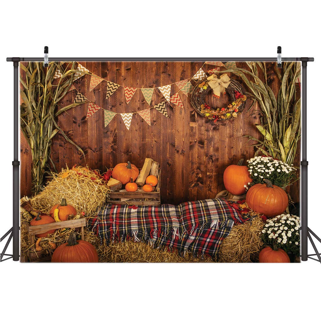 AIIKES 7x5FT Fall Thanksgiving Photo Backdrop Rustic Wood Board Barn Harvest Photography Backdrop Autumn Pumpkin Leaves Flower Baby Birthday Portrait Party Decoration Photo Studio Props 11-741