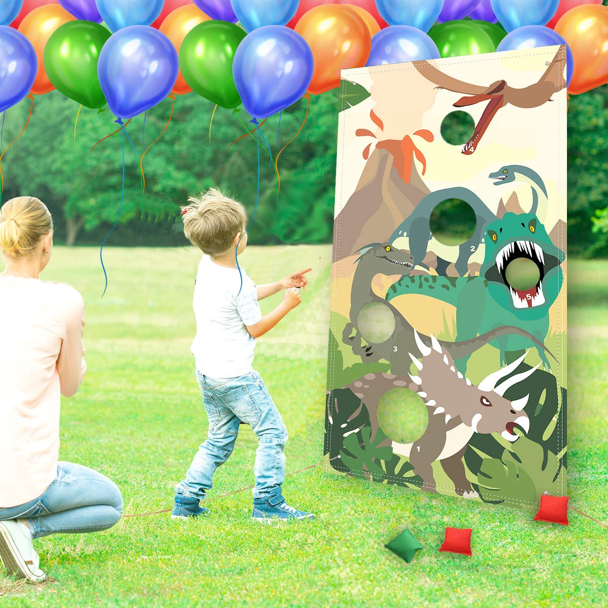 Dinosaur Toss Games Banner, Realistic Dino Party Cornhole Game with 5 Bean Bags for Kids Boys Birthday Outdoor Games Family Gathering Party Supplies