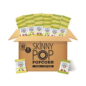 skinnypop popcorn, gluten free, non-gmo, healthy snacks, skinny pop variety pack (original & dairy free white cheddar popcorn), 0.5oz individual size snack bags (40 count)