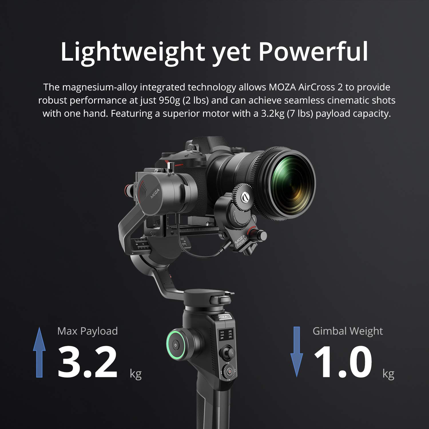 MOZA AirCross 2 Gimbal,3-Axis Professional Stabilizer for DSLR Camera Mirrorless Camera with Larger Lens,Easy Setup Intelligent Mimic Motion-Control,Max Payload 7.05Lb 12H Running Time