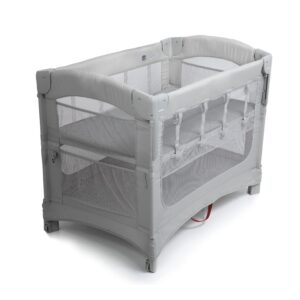 arm’s reach ideal ezee 3 in 1 co-sleeper folding bedside bassinet and play yard featuring breathable mesh sides with side pockets for storage and 4-inch sleeping nest, gray