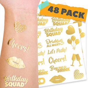 corrure 48pcs birthday tattoos - gold temporary tattoos metallic for women and men - happy birthday squad tattoos for girls, 18th 21st 25th 30th or any adult bday - 11 flash party tattoos