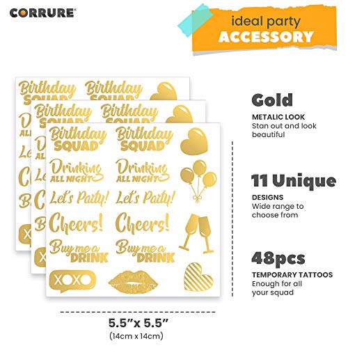 CORRURE 48pcs Birthday Tattoos - Gold Temporary Tattoos Metallic for Women and Men - Happy Birthday Squad Tattoos for Girls, 18th 21st 25th 30th or Any Adult Bday - 11 Flash Party Tattoos