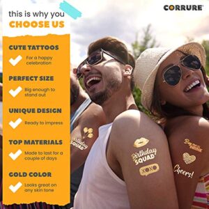 CORRURE 48pcs Birthday Tattoos - Gold Temporary Tattoos Metallic for Women and Men - Happy Birthday Squad Tattoos for Girls, 18th 21st 25th 30th or Any Adult Bday - 11 Flash Party Tattoos