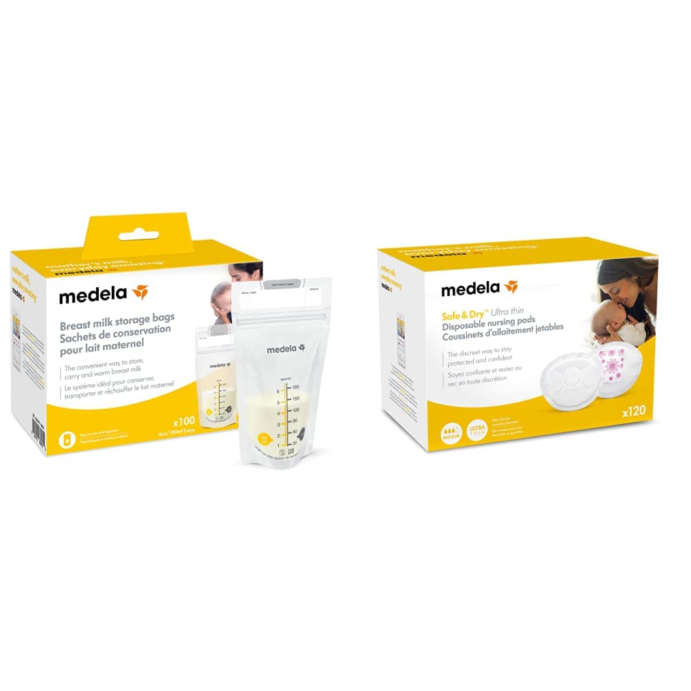 Medela Breast Milk Storage Bags 100 Count and Disposable Nursing Pads 120 Count, Breast Pump Accessories to Help Moms Begin and Continue Breastfeeding