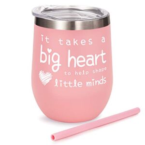 aozita teacher appreciation gifts for women wine tumbler - it takes a big heart to help shape little minds - teacher gifts from student - pink, 12 oz