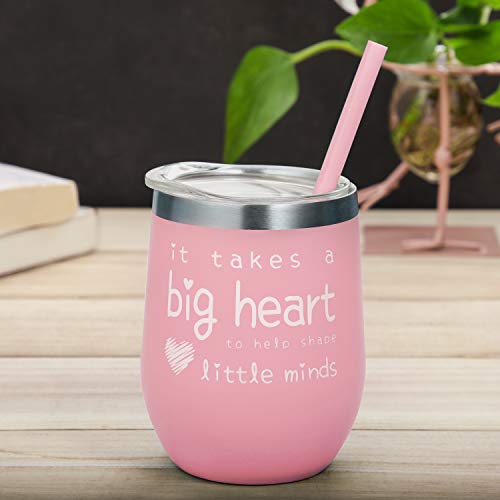 AOZITA Teacher Appreciation Gifts For Women Wine Tumbler - It Takes a Big Heart to Help Shape Little Minds - Teacher Gifts from Student - Pink, 12 oz