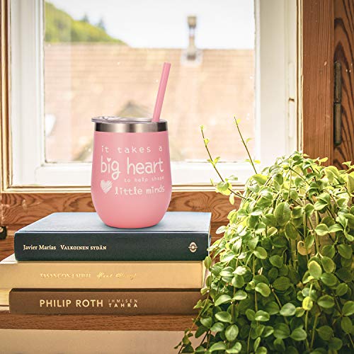 AOZITA Teacher Appreciation Gifts For Women Wine Tumbler - It Takes a Big Heart to Help Shape Little Minds - Teacher Gifts from Student - Pink, 12 oz