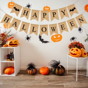 happy halloween burlap banner decor, 16pcs linen bunting hanging banner ornaments halloween home party wall decoration supplies