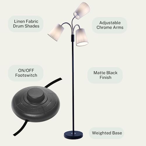 Mobius 3-Light Adjustable Multi-Head Floor Lamp with White Fabric Drum Shades - Ideal for Living Room, Bedroom, or Office - Torchiere Standing Pole Lamp - Versatile Lighting, Energy-Efficient