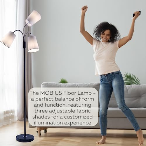 Mobius 3-Light Adjustable Multi-Head Floor Lamp with White Fabric Drum Shades - Ideal for Living Room, Bedroom, or Office - Torchiere Standing Pole Lamp - Versatile Lighting, Energy-Efficient