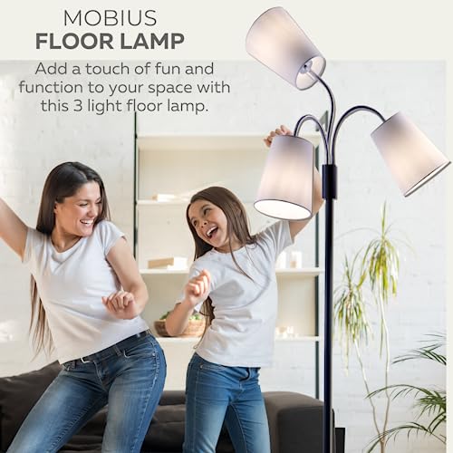 Mobius 3-Light Adjustable Multi-Head Floor Lamp with White Fabric Drum Shades - Ideal for Living Room, Bedroom, or Office - Torchiere Standing Pole Lamp - Versatile Lighting, Energy-Efficient