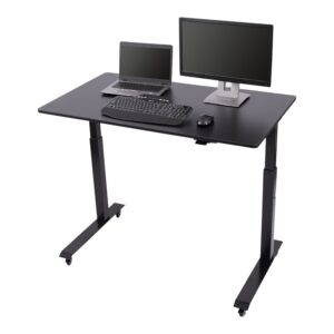 stand up desk store electric adjustable height standing desk with locking casters and furniture feet (black frame/black top, 48" wide)