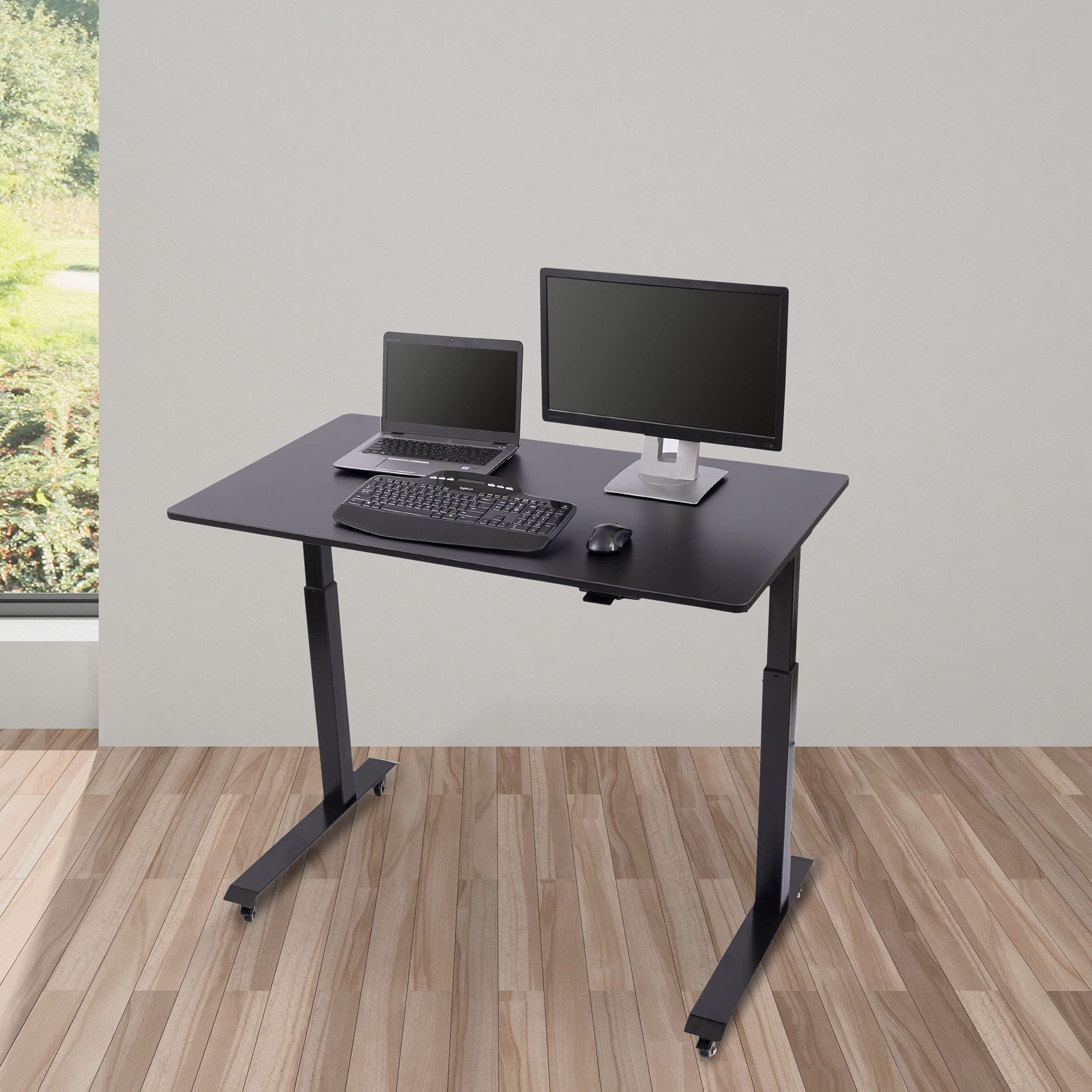 Stand Up Desk Store Electric Adjustable Height Standing Desk with Locking Casters and Furniture Feet (Black Frame/Black Top, 48" Wide)
