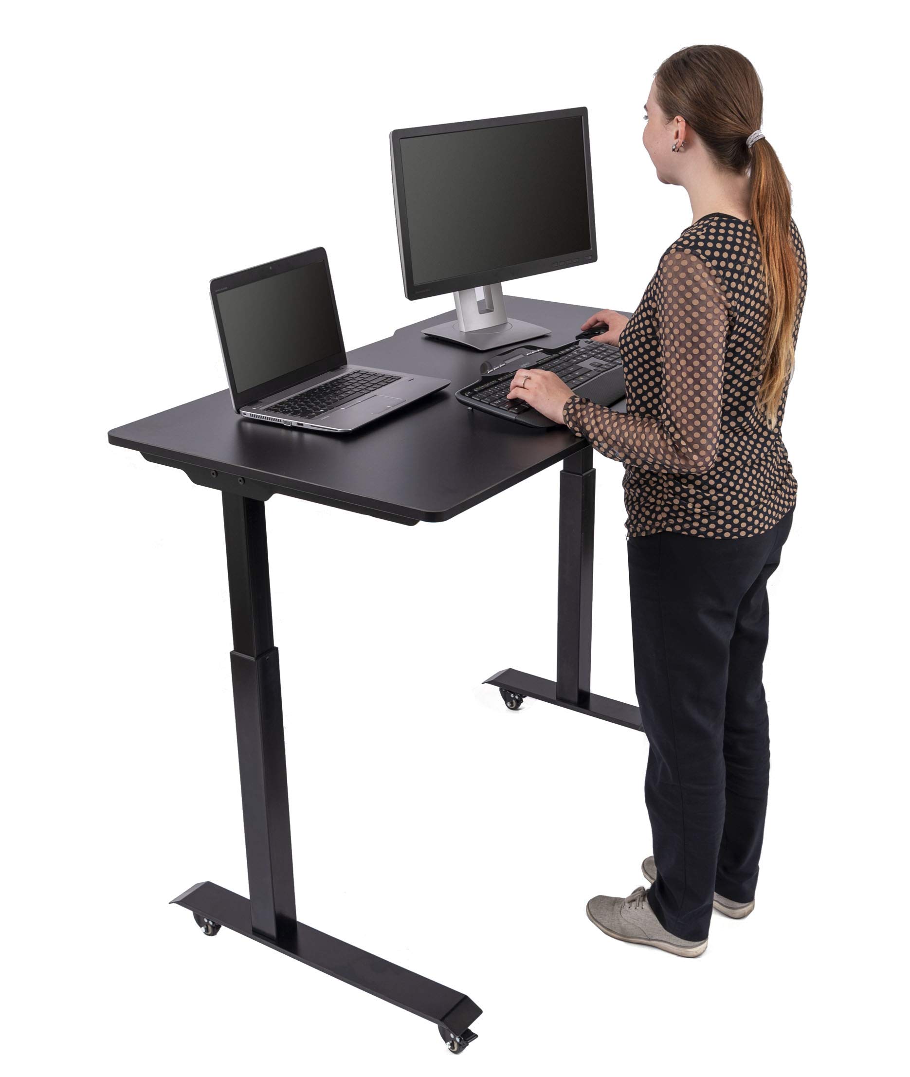 Stand Up Desk Store Electric Adjustable Height Standing Desk with Locking Casters and Furniture Feet (Black Frame/Black Top, 48" Wide)
