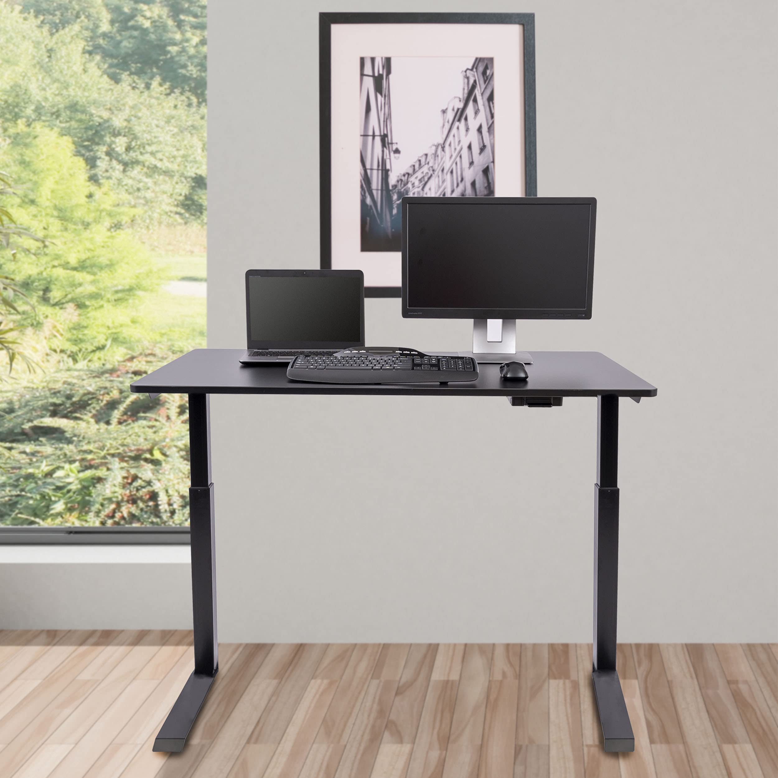 Stand Up Desk Store Electric Adjustable Height Standing Desk with Locking Casters and Furniture Feet (Black Frame/Black Top, 48" Wide)