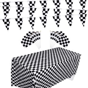checkered flags set, race car flags party supplies decorations include 10 packs checkered flags, 32 ft checkered race flag banner, 2 packs table covers for checkered racing flag birthdays party