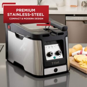 T-Fal Electrics Stainless Steel Deep Fryer with Basket 3.5 Liter Oil Capacity, 2.6 Pound Food Capacity 1800 Watts Easy Clean, Temp Control, Digital Timer, Oil Filtration, Dishwasher Safe Parts Silver