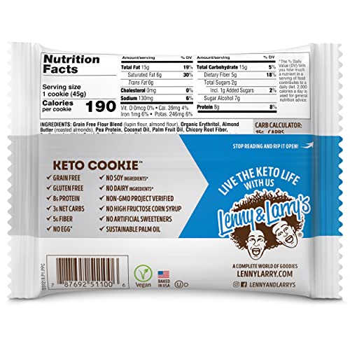 Lenny & Larry's Keto Cookie, Chocolate Chip, Soft Baked, 9g Plant Protein, 3g Net Carbs, Vegan, Non-GMO, 1.6 Ounce Cookie (Pack of 12) packaging may vary