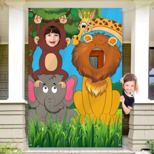 jungle safari wild one animals birthday party decoration, large fabric jungle animals backdrop photo door banner, funny jungle animals face in hole game for jungle wild one birthday party supplies