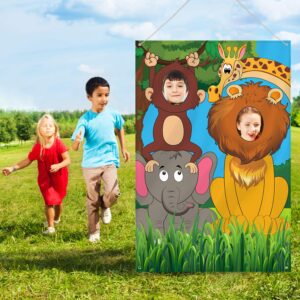 Jungle Safari Wild One Animals Birthday Party Decoration, Large Fabric Jungle Animals Backdrop Photo Door Banner, Funny Jungle Animals Face in Hole Game for Jungle Wild One Birthday Party Supplies