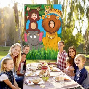 Jungle Safari Wild One Animals Birthday Party Decoration, Large Fabric Jungle Animals Backdrop Photo Door Banner, Funny Jungle Animals Face in Hole Game for Jungle Wild One Birthday Party Supplies