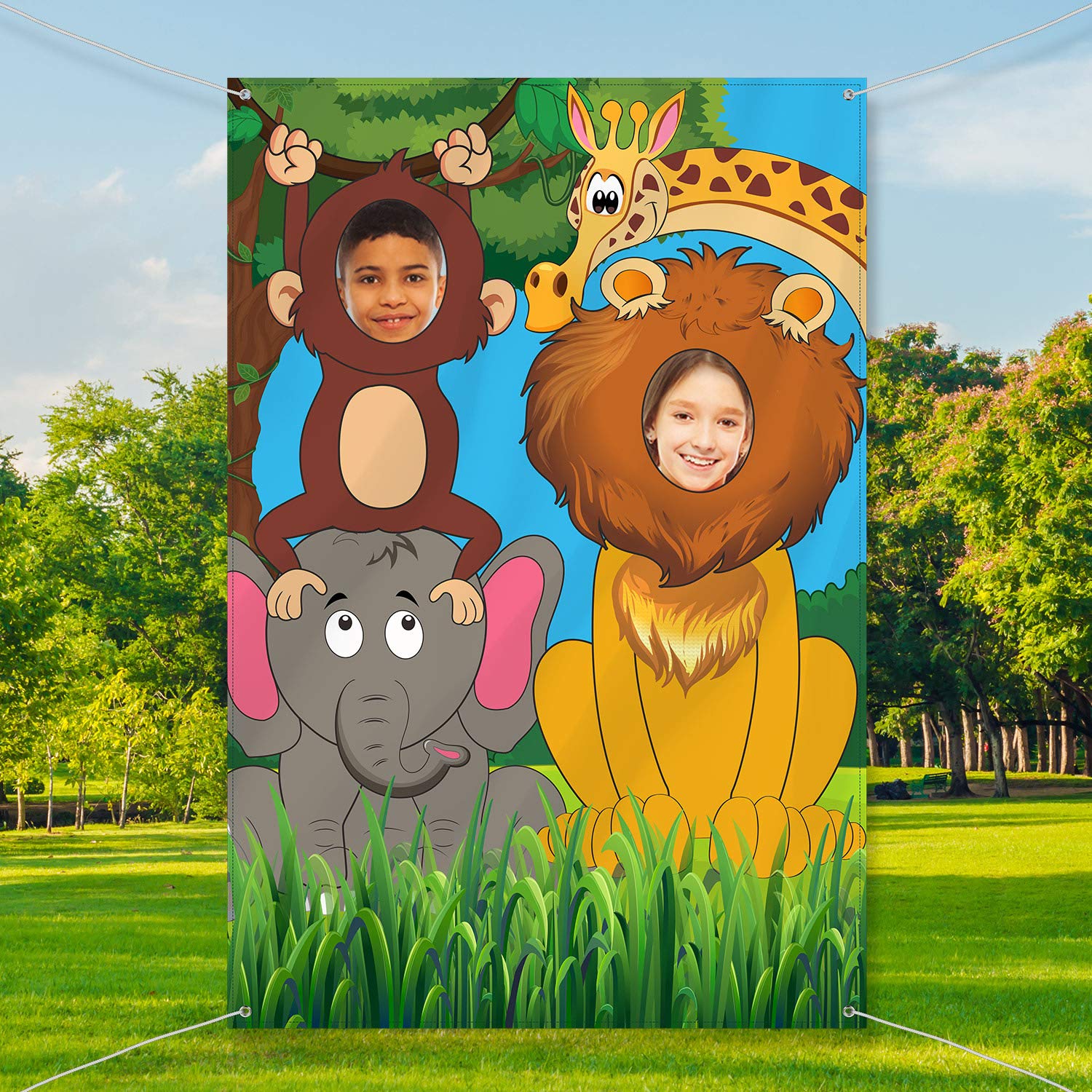 Jungle Safari Wild One Animals Birthday Party Decoration, Large Fabric Jungle Animals Backdrop Photo Door Banner, Funny Jungle Animals Face in Hole Game for Jungle Wild One Birthday Party Supplies