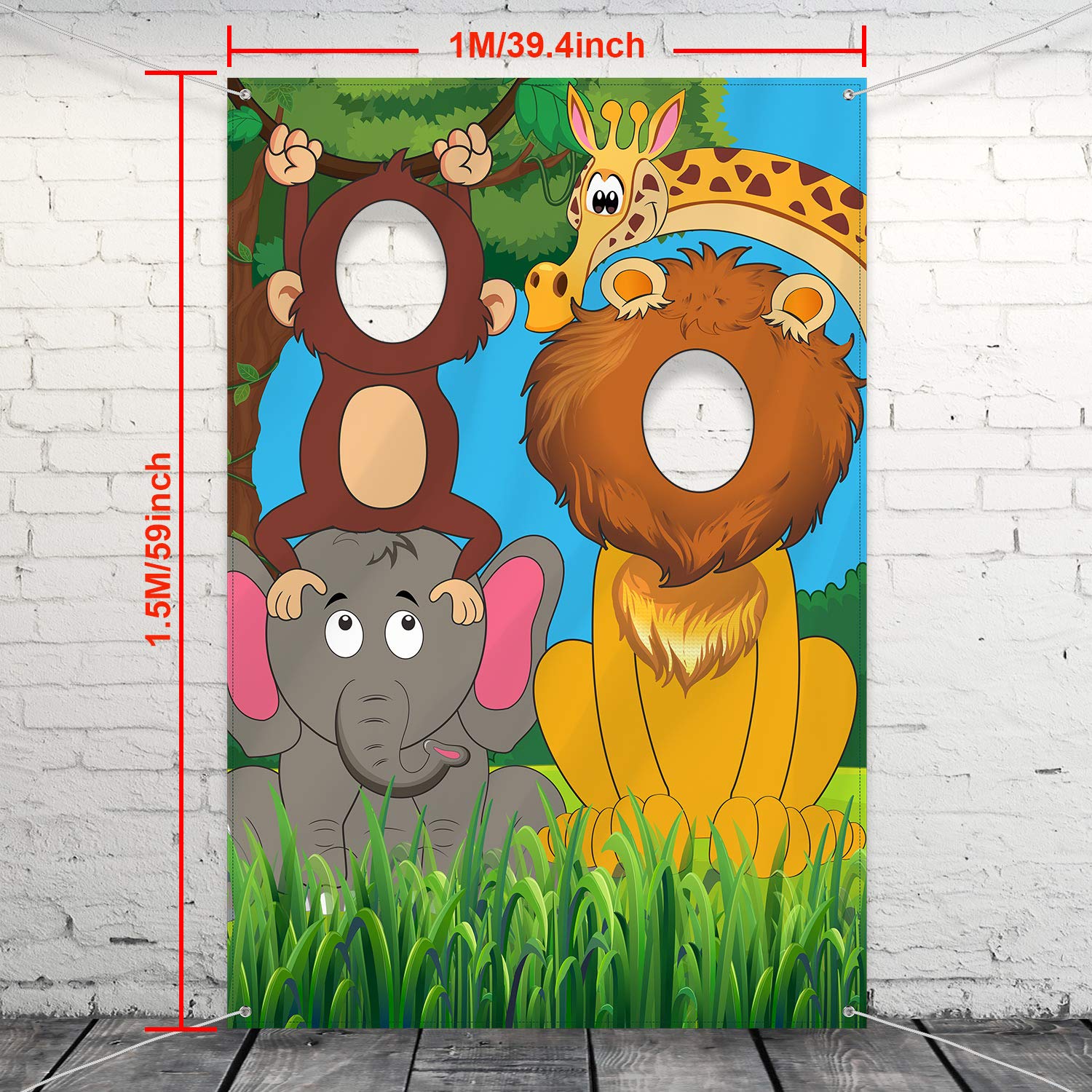 Jungle Safari Wild One Animals Birthday Party Decoration, Large Fabric Jungle Animals Backdrop Photo Door Banner, Funny Jungle Animals Face in Hole Game for Jungle Wild One Birthday Party Supplies