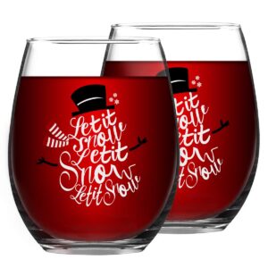 let it snow christmas wine glass, 15 oz funny stemless wine glasses for women friends men, gift idea for christmas wedding party, set of 2