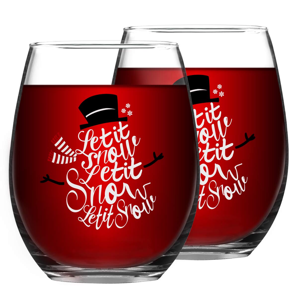 Let It Snow Christmas Wine Glass, 15 Oz Funny Stemless Wine Glasses for Women Friends Men, Gift Idea for Christmas Wedding Party, Set of 2