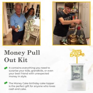 The Money Cake - Money Cake Pull Out Kit Includes 1 Money Box 1 Plastic Roll 50 Transparent Bag Connected Pocket, and Happy Birthday Cake Topper for Birthday Parties