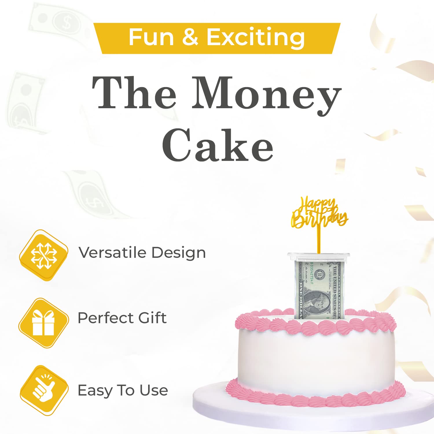 The Money Cake - Money Cake Pull Out Kit Includes 1 Money Box 1 Plastic Roll 50 Transparent Bag Connected Pocket, and Happy Birthday Cake Topper for Birthday Parties