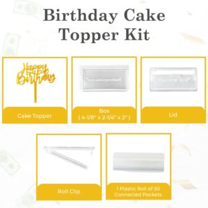 The Money Cake - Money Cake Pull Out Kit Includes 1 Money Box 1 Plastic Roll 50 Transparent Bag Connected Pocket, and Happy Birthday Cake Topper for Birthday Parties