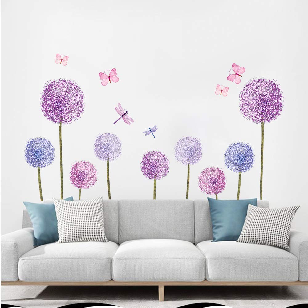 ufengke Purple Dandelions Wall Stickers Flowers Butterflies for Bedroom Kids Girls Nursery Living Room Wall Decoration