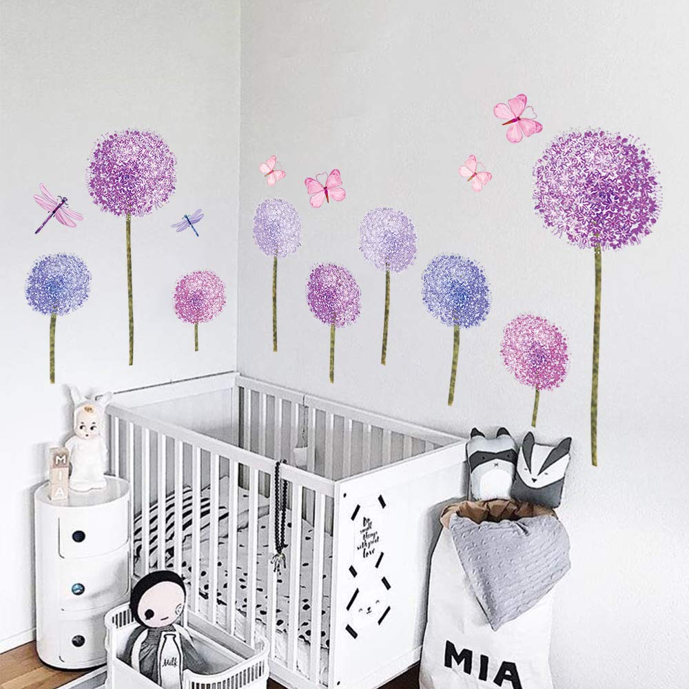 ufengke Purple Dandelions Wall Stickers Flowers Butterflies for Bedroom Kids Girls Nursery Living Room Wall Decoration