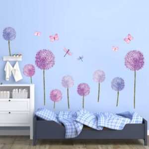 ufengke Purple Dandelions Wall Stickers Flowers Butterflies for Bedroom Kids Girls Nursery Living Room Wall Decoration