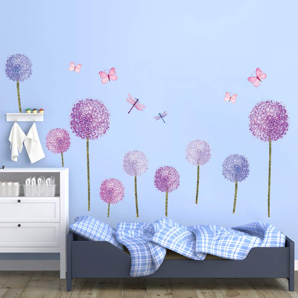 ufengke Purple Dandelions Wall Stickers Flowers Butterflies for Bedroom Kids Girls Nursery Living Room Wall Decoration