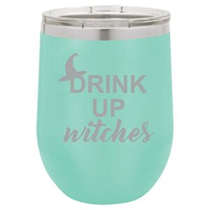 mip brand 12 oz double wall vacuum insulated stainless steel stemless wine tumbler glass coffee travel mug with lid drink up witches funny halloween (teal)