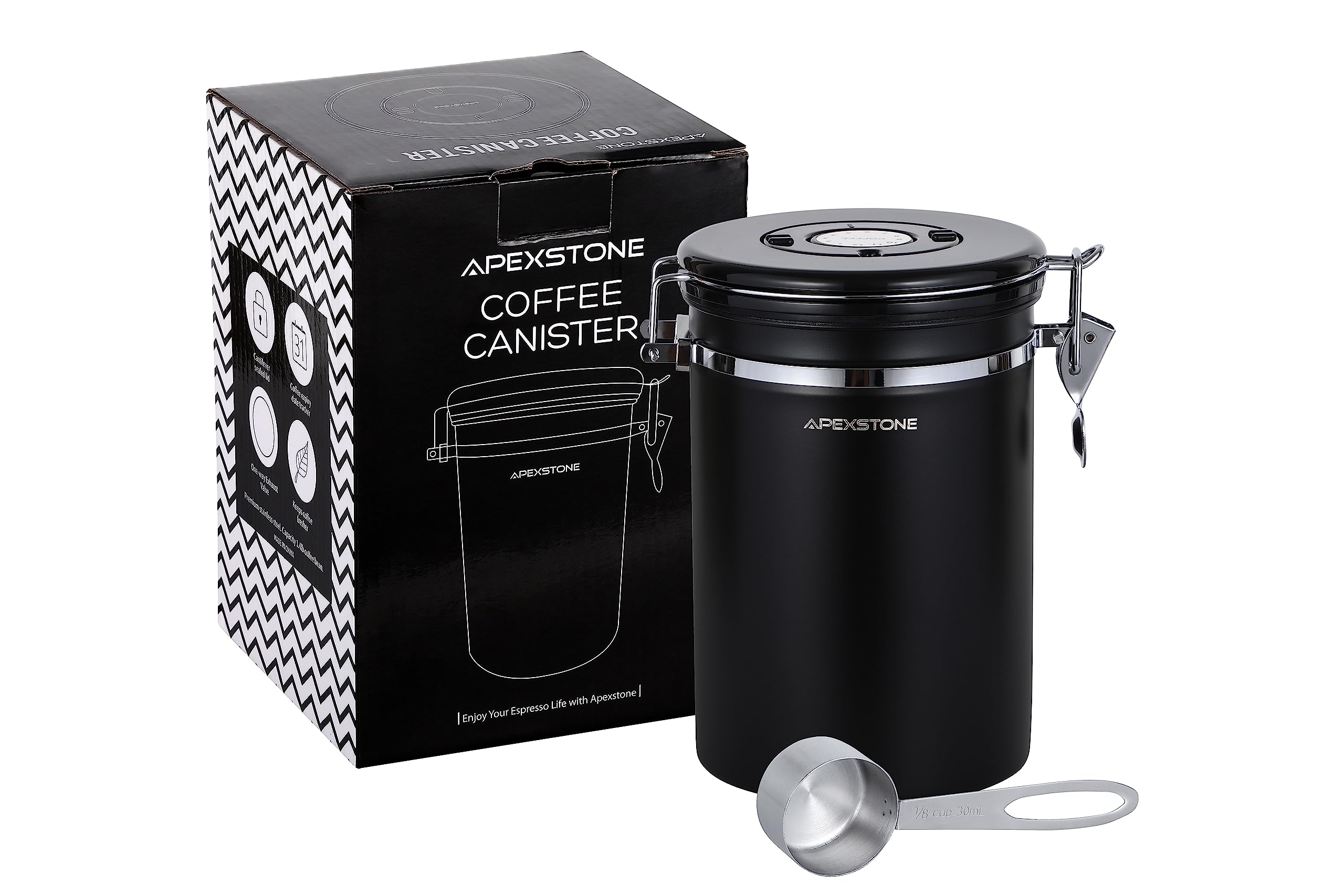 Apexstone Coffee Canister Black Large, Coffee Storage Airtight Canister with Scoop, Airtight Coffee Canister With Scoop(22 oz), Coffee Canister Stainless Steel Storage Container with Date Tracker