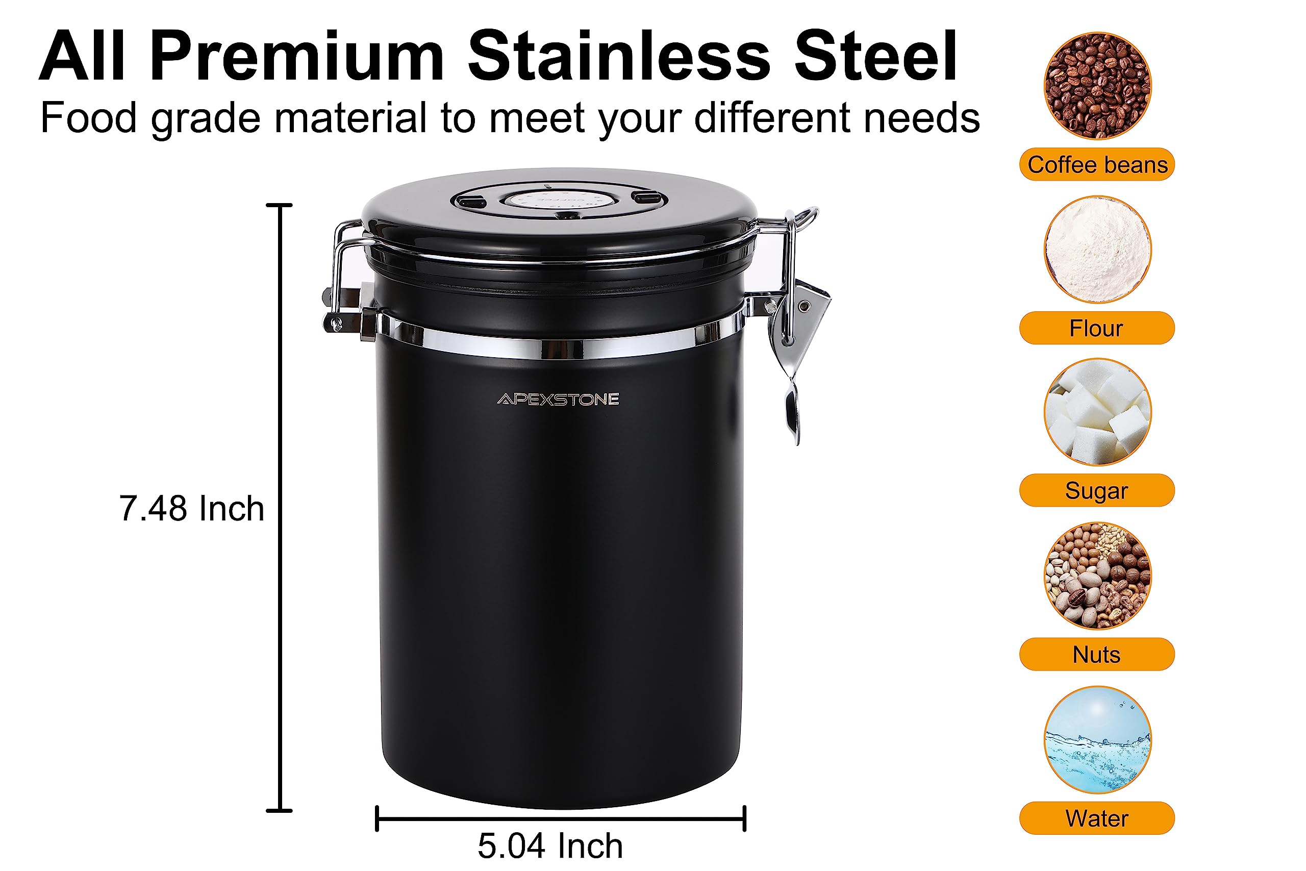 Apexstone Coffee Canister Black Large, Coffee Storage Airtight Canister with Scoop, Airtight Coffee Canister With Scoop(22 oz), Coffee Canister Stainless Steel Storage Container with Date Tracker