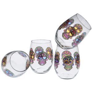 culver stemless wine glasses, 15-ounce, set of 4 sugar skulls (clear)