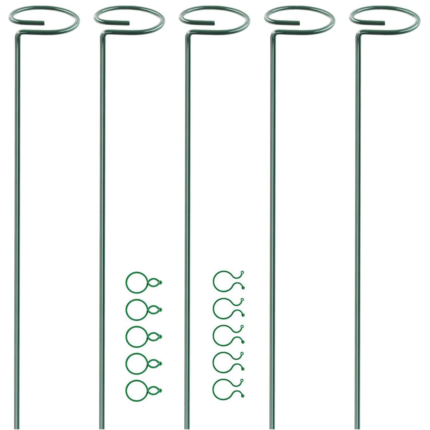 HiGift 5 Pack 17 inch Plant Support Stakes, 4mm Thick Garden Single Stem Flower Support Stake Amaryllis Plant Cage Support Rings with 10 pcs Plant Clips for Tomato Orchid Lily Peony Rose Flower Stem