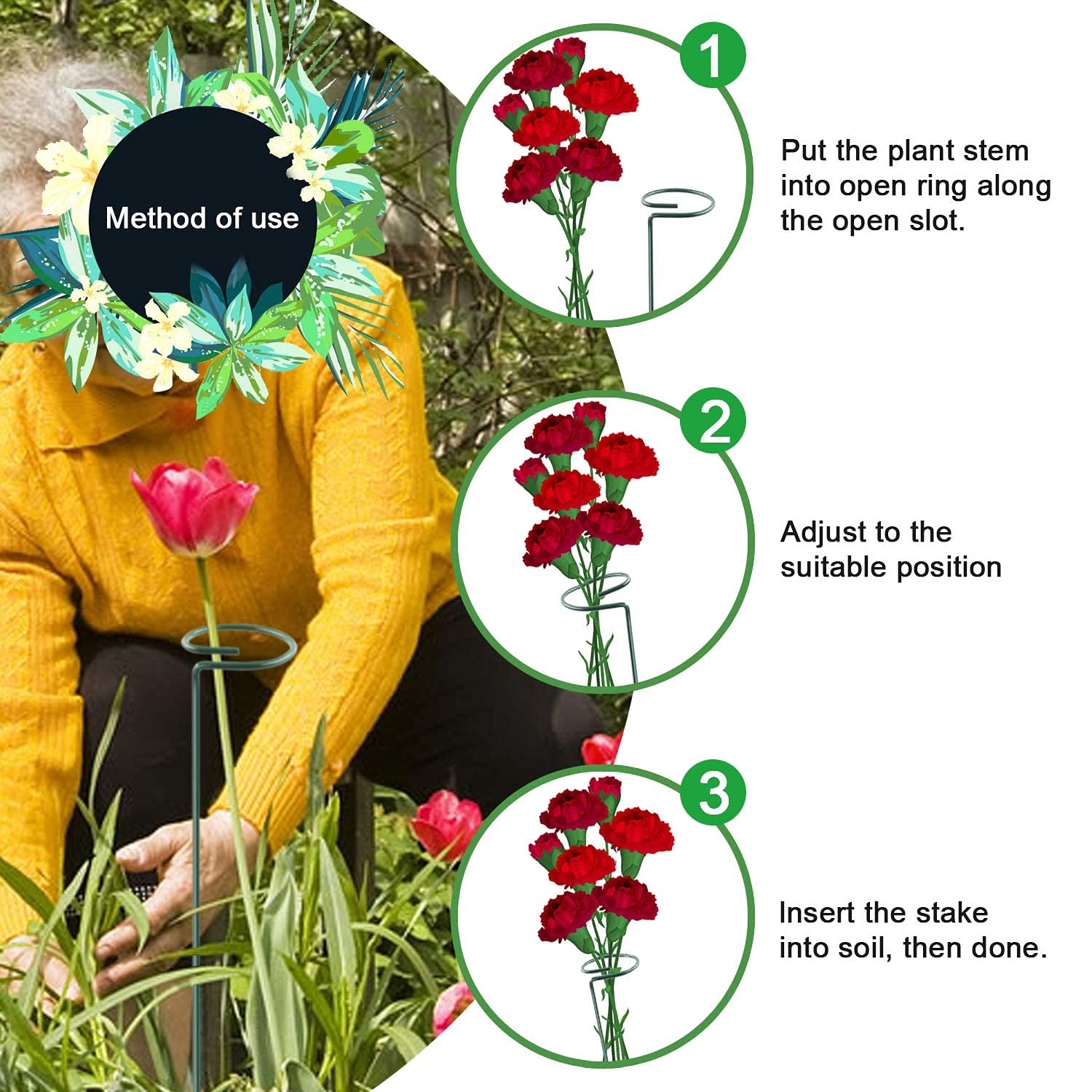 HiGift 5 Pack 17 inch Plant Support Stakes, 4mm Thick Garden Single Stem Flower Support Stake Amaryllis Plant Cage Support Rings with 10 pcs Plant Clips for Tomato Orchid Lily Peony Rose Flower Stem