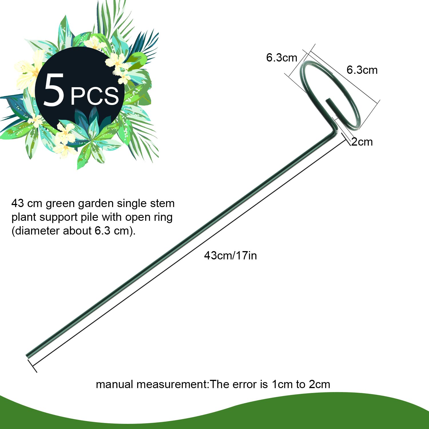 HiGift 5 Pack 17 inch Plant Support Stakes, 4mm Thick Garden Single Stem Flower Support Stake Amaryllis Plant Cage Support Rings with 10 pcs Plant Clips for Tomato Orchid Lily Peony Rose Flower Stem