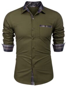 coofandy men's casual button down shirts plaid collar dress shirt army green x-large